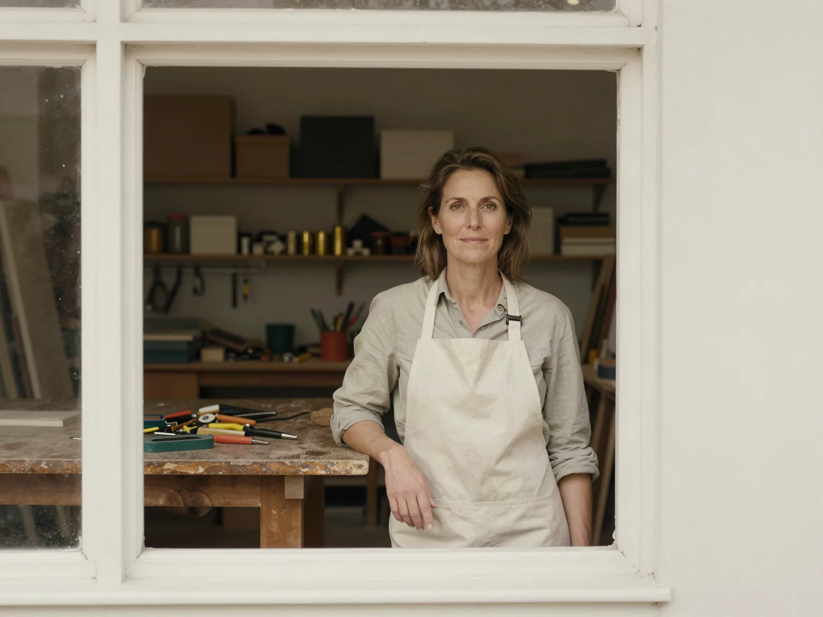 Une femme debout dans un atelier, en train de travailler