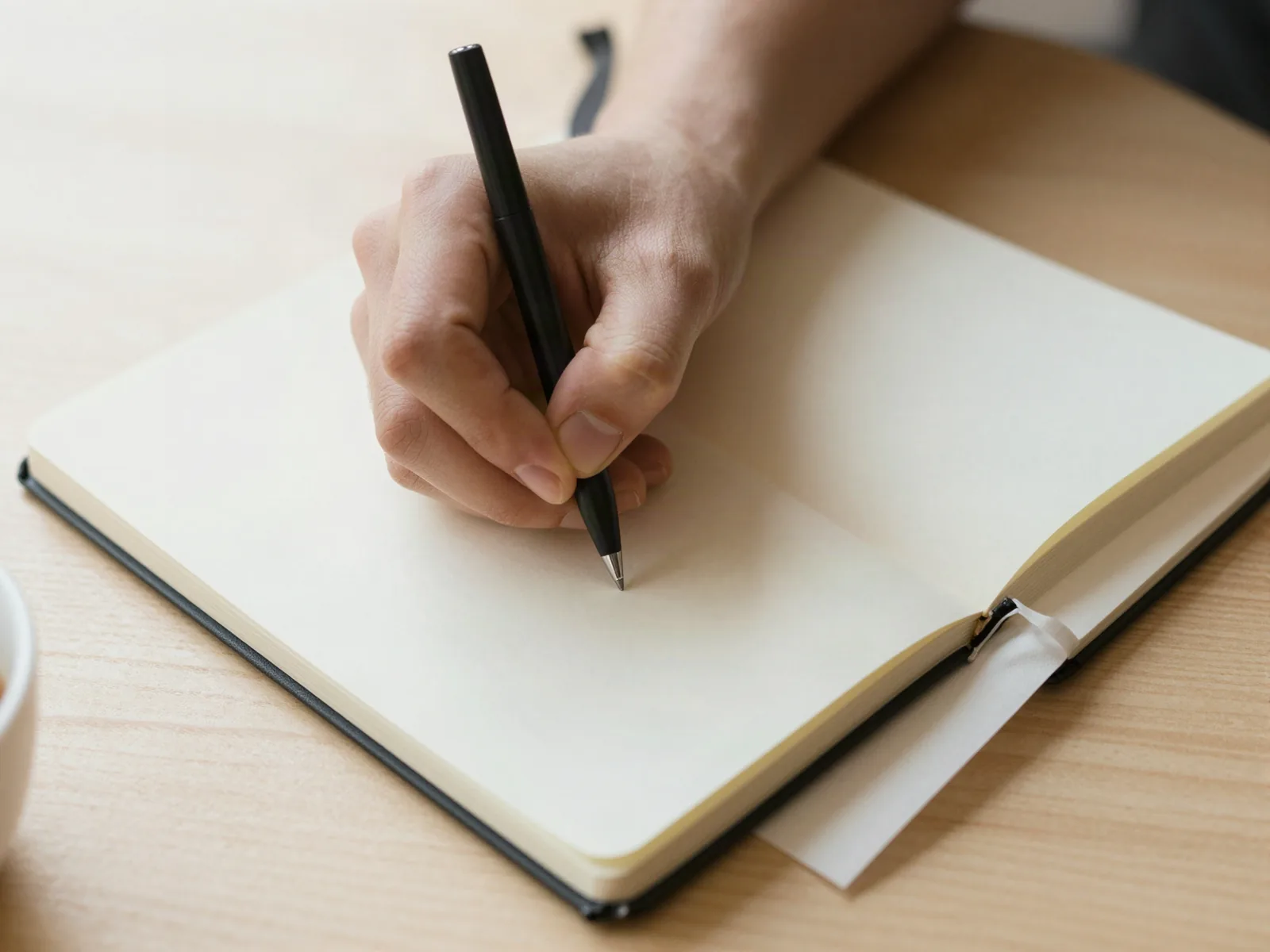 Des mains qui écrivent dans un carnet sur une table en bois clair, une tasse de café à côté